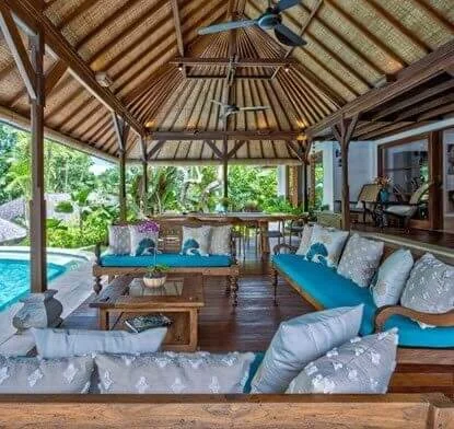 Open-air pool pavilion at Villa Frangipani Canggu — the perfect spot to relax
